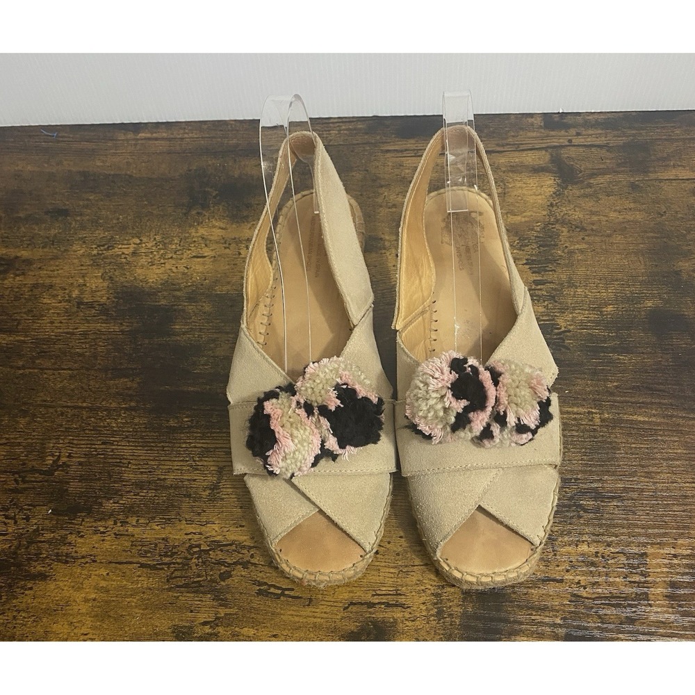 Naguisa Espadrilleโ Peep Toe Sandals Sz 10 Beige Pom Poms Ankle Strap